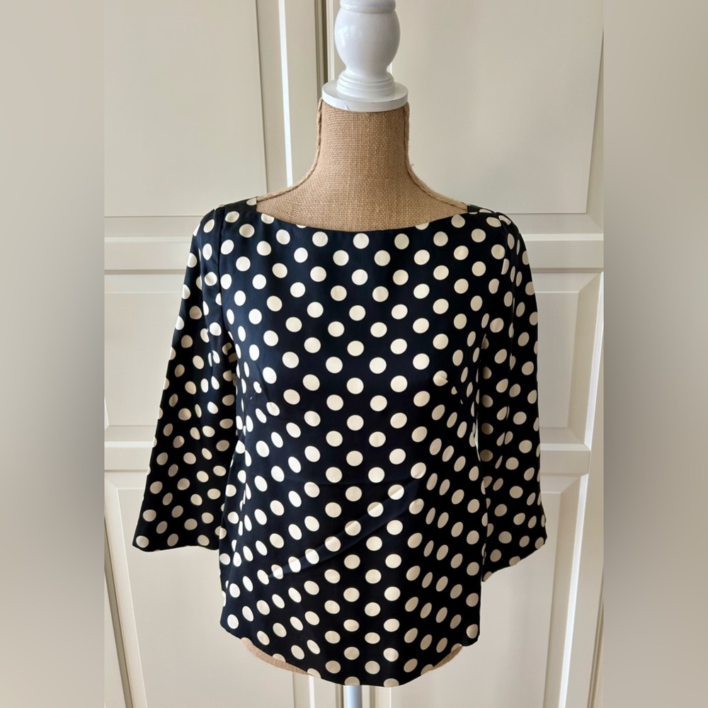 J. Crew Silk Black and White Polka Dot Boat-Neck 3/4 Sleeve Blouse Size 4